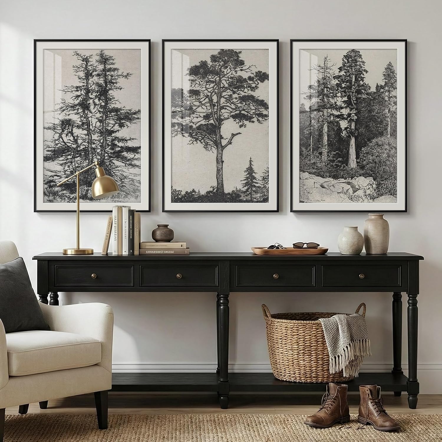 Large Framed Vintage Wall Art for Living Room, Black and White Tree 3 Piece Artwork for Walls, Modern Classic Rustic Sketch Forest Botanical Canvas Painting Prints for Office Wall Decor 24x36 In