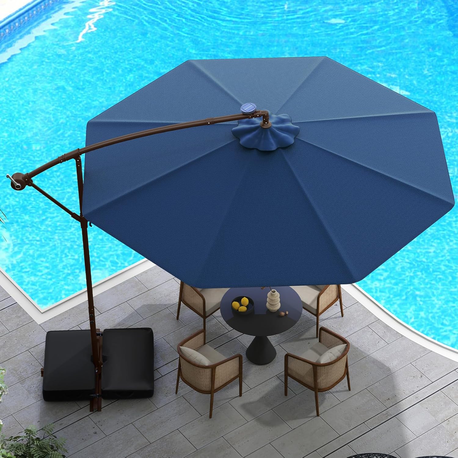 Tangkula 10FT Offset Patio Umbrella with Base Included, Outdoor Cantilever Umbrella with 40 Solar LED Lights, Tilt Adjustment, Crank Handle, Vented Top, Sand Bags for Pool Yard Deck (Navy)