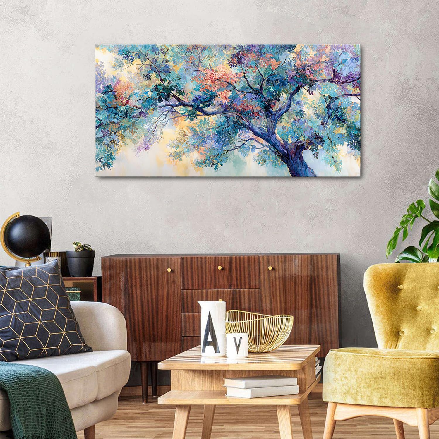 Colorful Tree of Life Wall Art Abstract Forest Wall Decor Blooming Floral Pictures for Living Room Graffiti Watercolor Nature Landscape Canvas Prints Painting Artwork Bedroom Home Decoration 24x48'