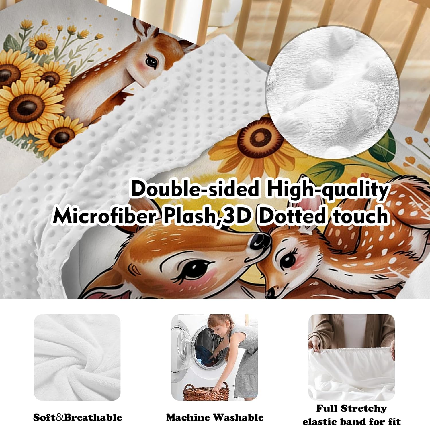 Personalized Crib Bedding Set for Baby Girls, Custom Name Baby Crib Sets 5-Pcs Include Toddler Double Layer Blanket Fitted Sheet Changing Pad Cover Rug Wall Art Set, Sika Deer Pattern Nursery Décor