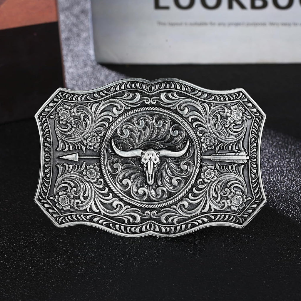 Men's Western Belt Buckle - Turquoise Texas Longhorn Bull Design for Cowboy & Rodeo Style