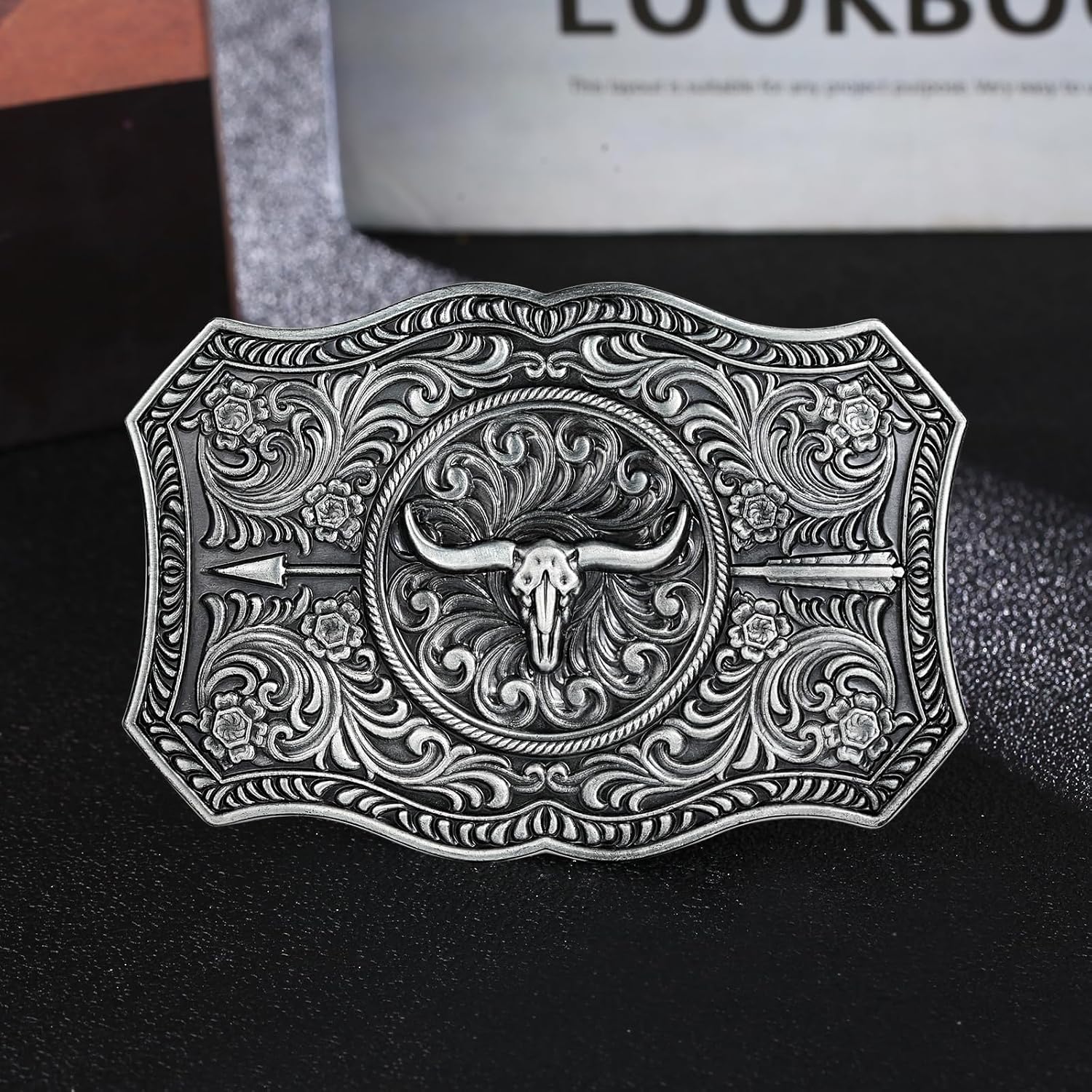 Men's Western Belt Buckle - Turquoise Texas Longhorn Bull Design for Cowboy & Rodeo Style