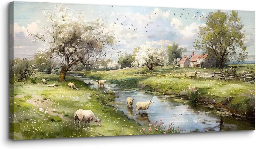crmotu Landscape Wall Art, Nature Wall Decor, Oversized Wall Art, Riverside Scenic Canvas Art Prints, Modern Farm Aesthetic Paintings Wall Decor Living Room Bedroom Dining Room Farmhouse 29'X57'