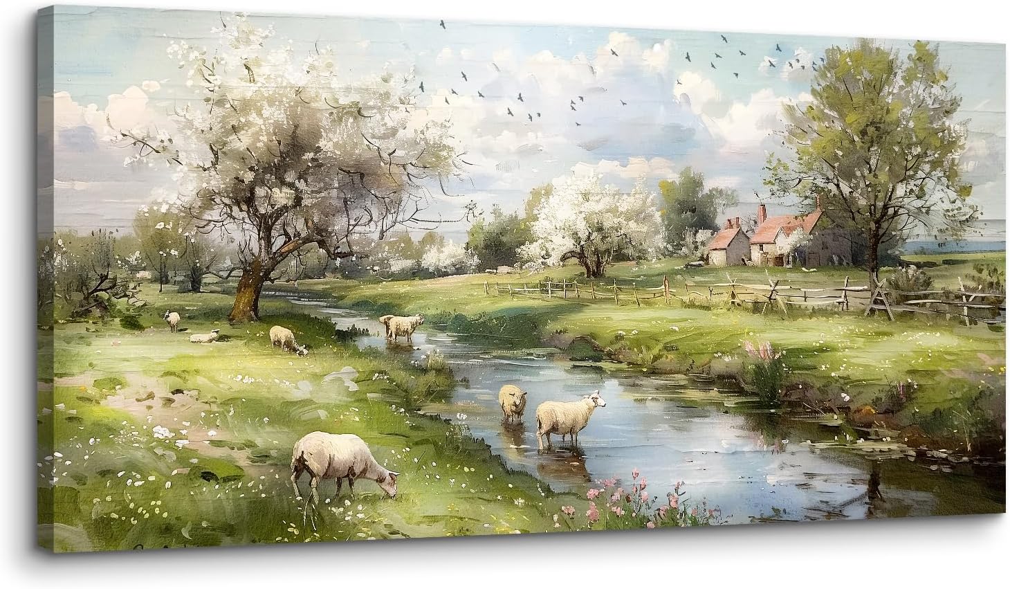 crmotu Landscape Wall Art, Nature Wall Decor, Oversized Wall Art, Riverside Scenic Canvas Art Prints, Modern Farm Aesthetic Paintings Wall Decor Living Room Bedroom Dining Room Farmhouse 29'X57'