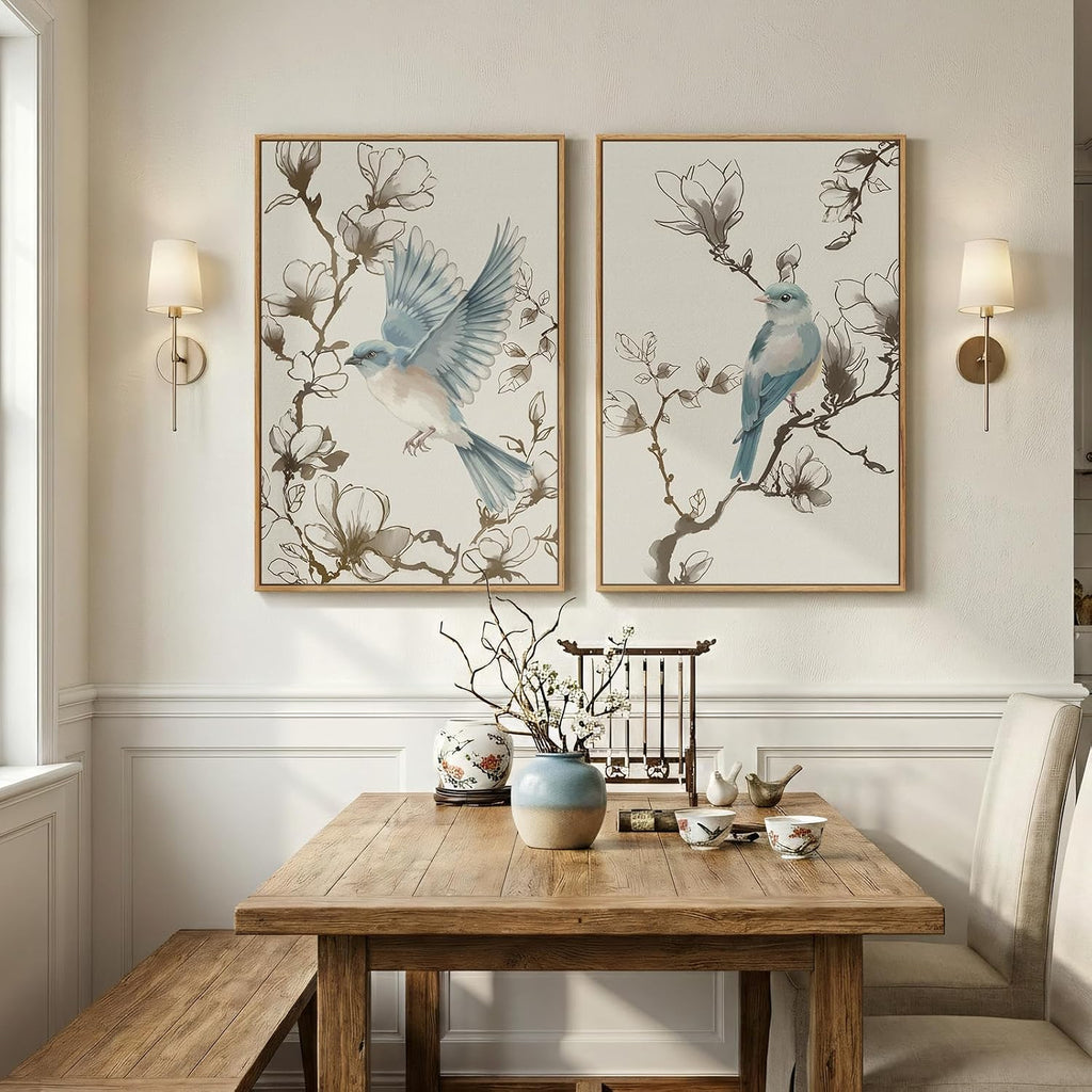 Framed Vintage Botanical Bird Wall Art, 2 Piece Neutral Minimalist Floral Canvas Painting Prints, Nature Beige Chinoiserie Asian Flower Artwork for Living Room Bedroom Kitchen Dining Room Wall Decor
