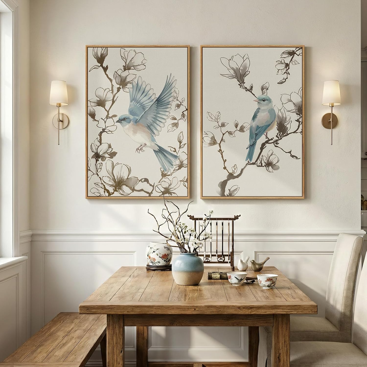 Framed Vintage Botanical Bird Wall Art, 2 Piece Neutral Minimalist Floral Canvas Painting Prints, Nature Beige Chinoiserie Asian Flower Artwork for Living Room Bedroom Kitchen Dining Room Wall Decor
