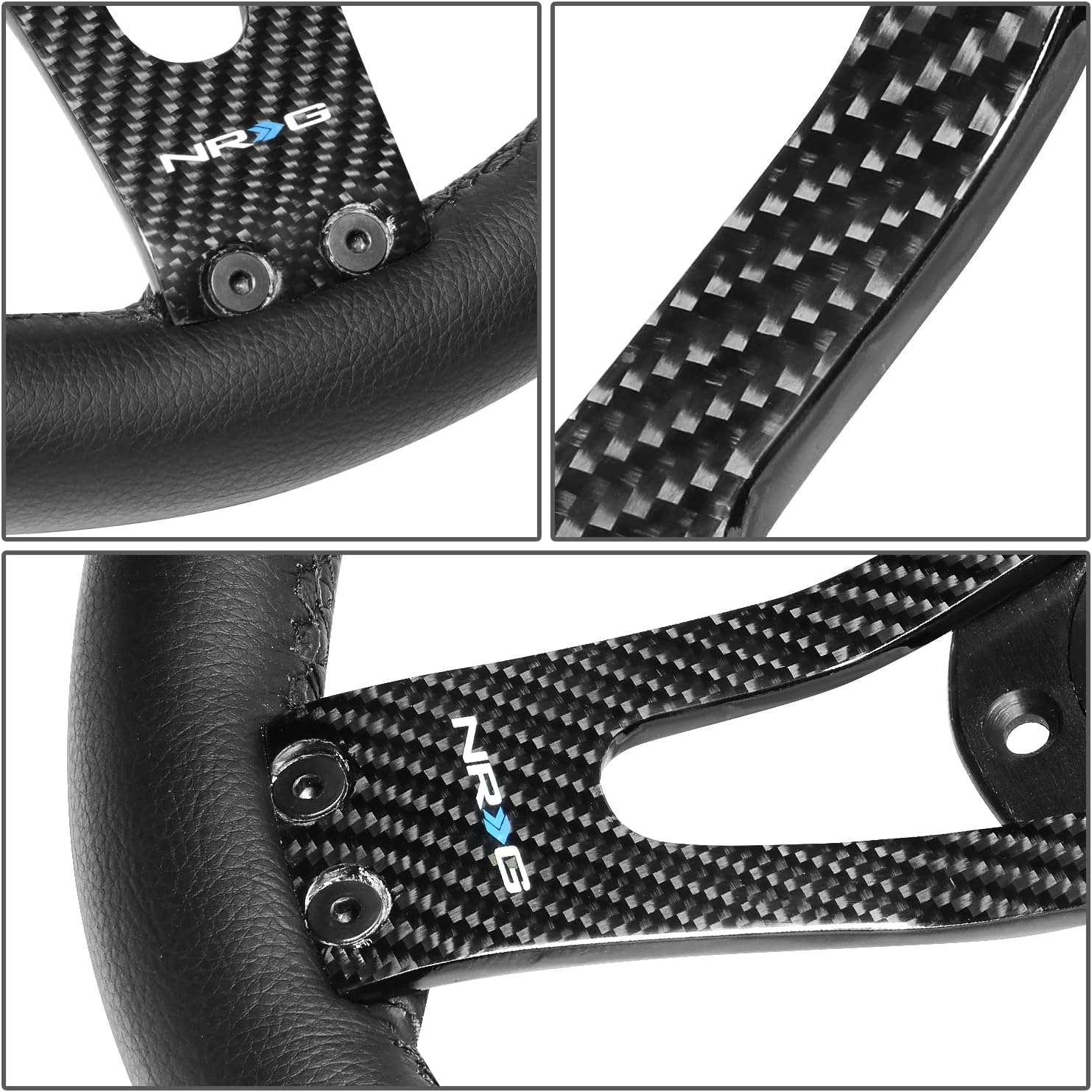 NRG Innovations NRG-RST-002RCF Reinforced Steering Wheel 320mm Sport Lightweight Steering Wheel with Carbon Center Spoke, Black Leather and Rivets