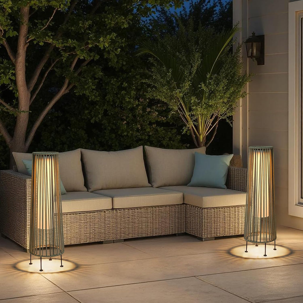 TRIROCKS Outdoor Floor Lamp 2 Piece Solar Powered Lantern Wicker Solar Patio Lamp with Olifen Rope Waterproof Rattan Outside Solar Deck Light for Patio Garden Lawn Yard (Grey)