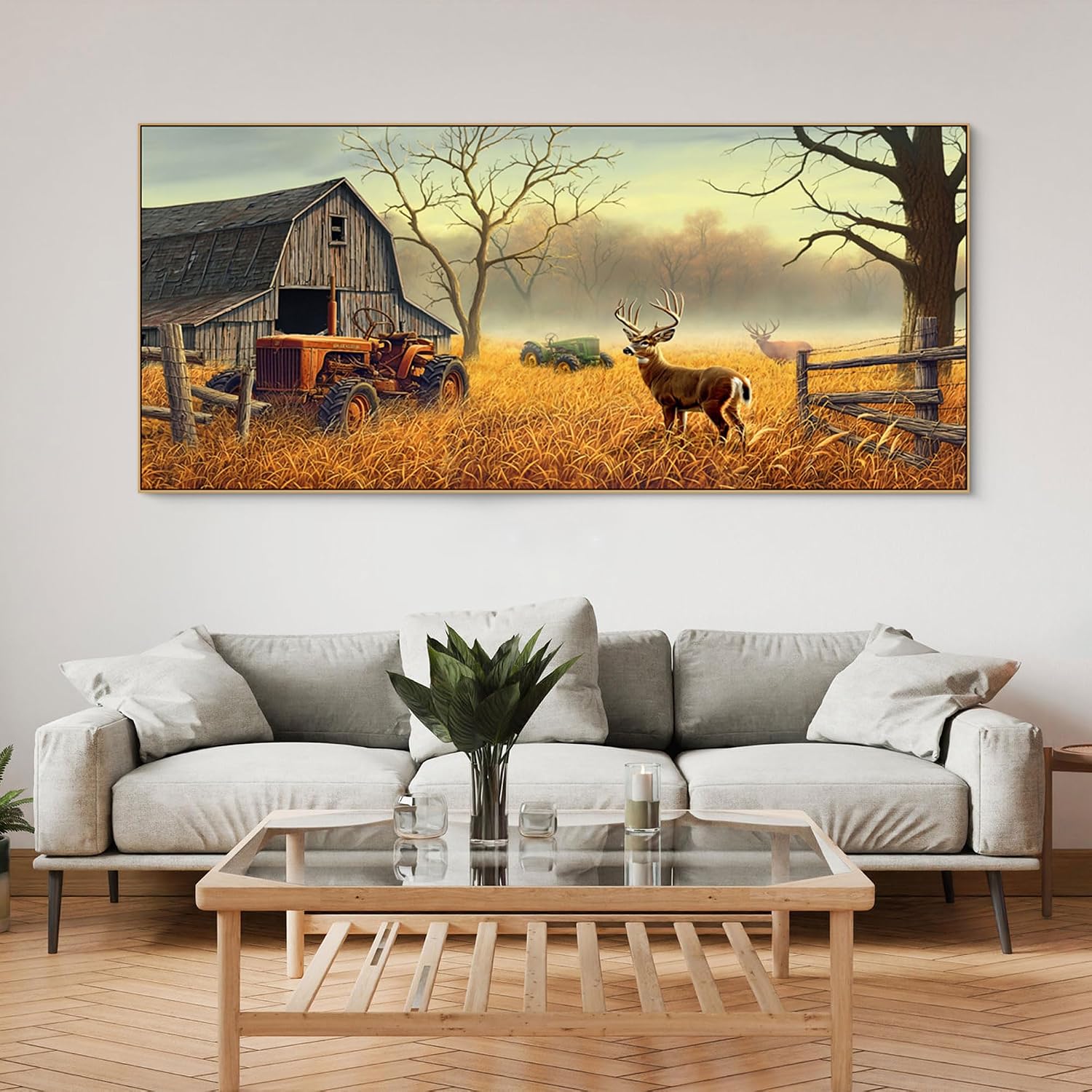 XLSJERST Deer Wall Art for Living Room Canvas Prints Decor Country Tractor Rustic Wildlife Cabin Hunting Picture Glass Surface Artwork for Bedroom Home Office 86x39 Inches