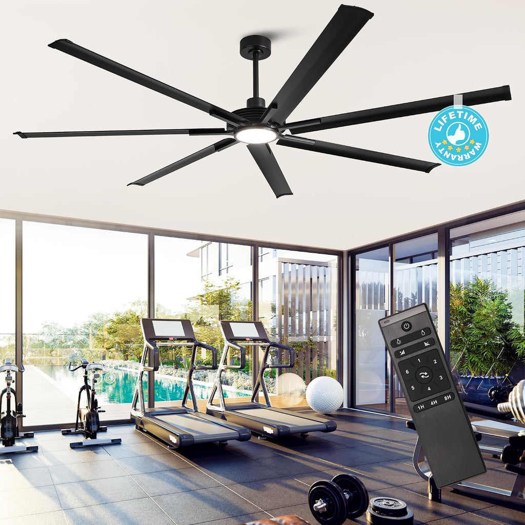 100 Inch Ceiling Fans with Lights and Remote, Industrial Black Ceiling Fan for Living Room Shop Garage Large Outdoor Ceiling Fans for Patios, Dimmable, 6-Speed Reversible DC Motor, 7 Aluminum Blades