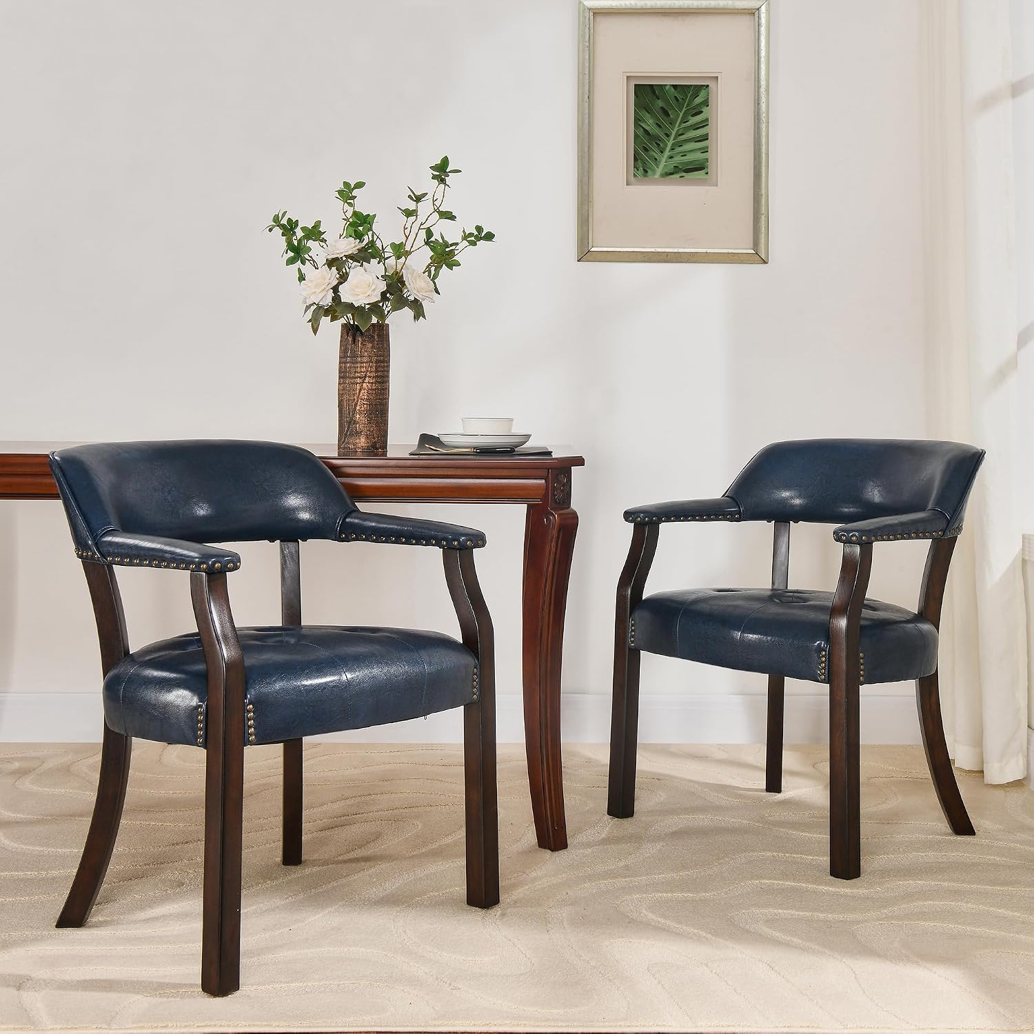 Dining Chairs with Upholstered and Arms,Office Desk Chair with Metal Rivets. PU Boss Captain's Chairs,Classic Accent Stools for Dining Room, Bedroom Brown Legs & Dark Blue NX173-318LB