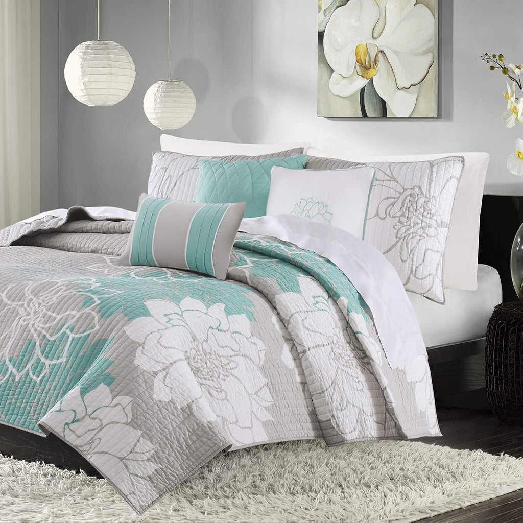 Madison Park Lola 100% Cotton Quilt Set - Casual Floral Channel Stitching Design, All Season, Lightweight Coverlet Bedspread Bedding, Shams, Decorative Pillows, King/Cal King(104'x94'), Aqua 6 Piece