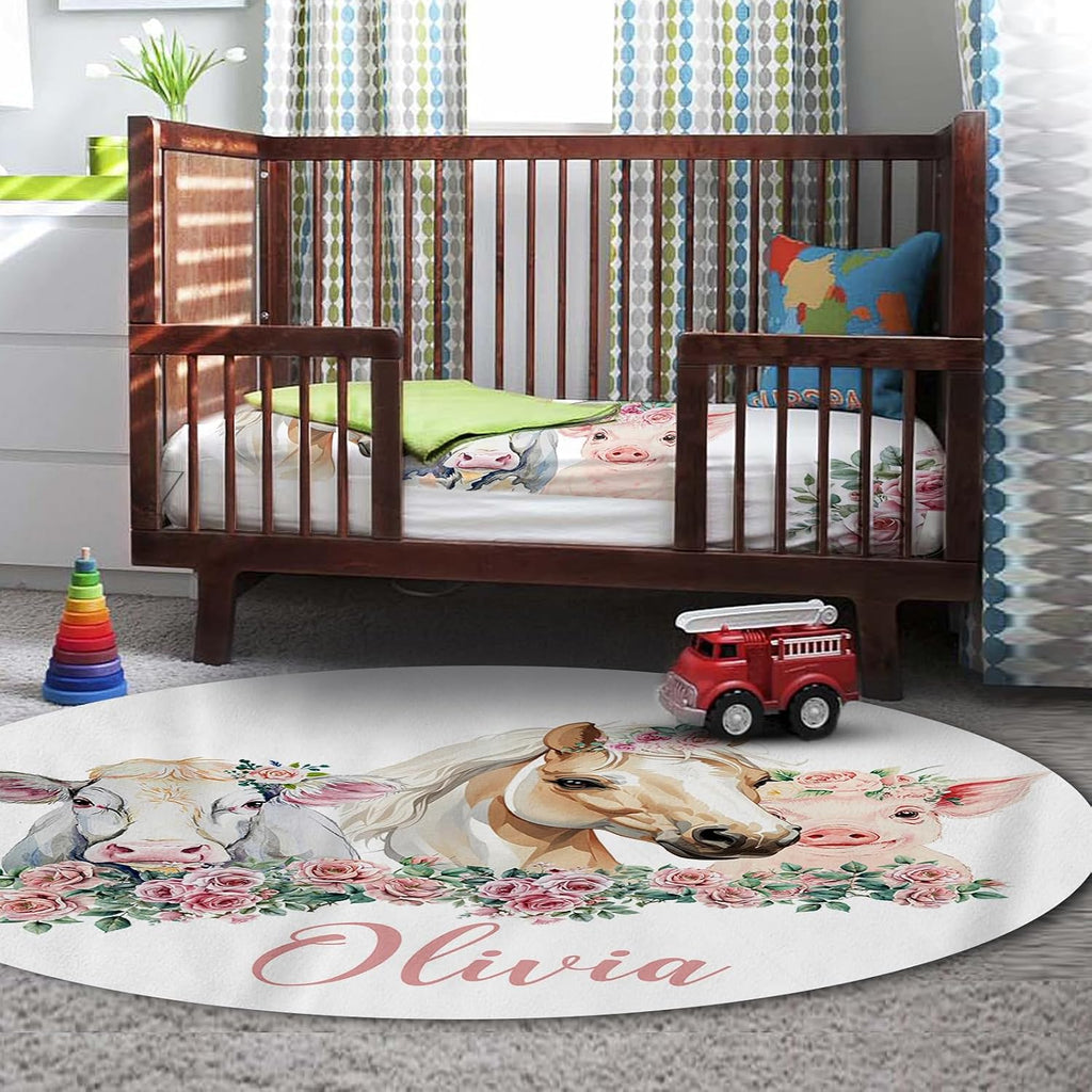 Personalized Nursery Crib Bedding Set: Custom Name Pink Floral 5 Piece Baby Crib Sets with Horse Pattern - Toddler Double Layer Blanket Set, Comfortable Crib Bed Sheets for Baby Grils