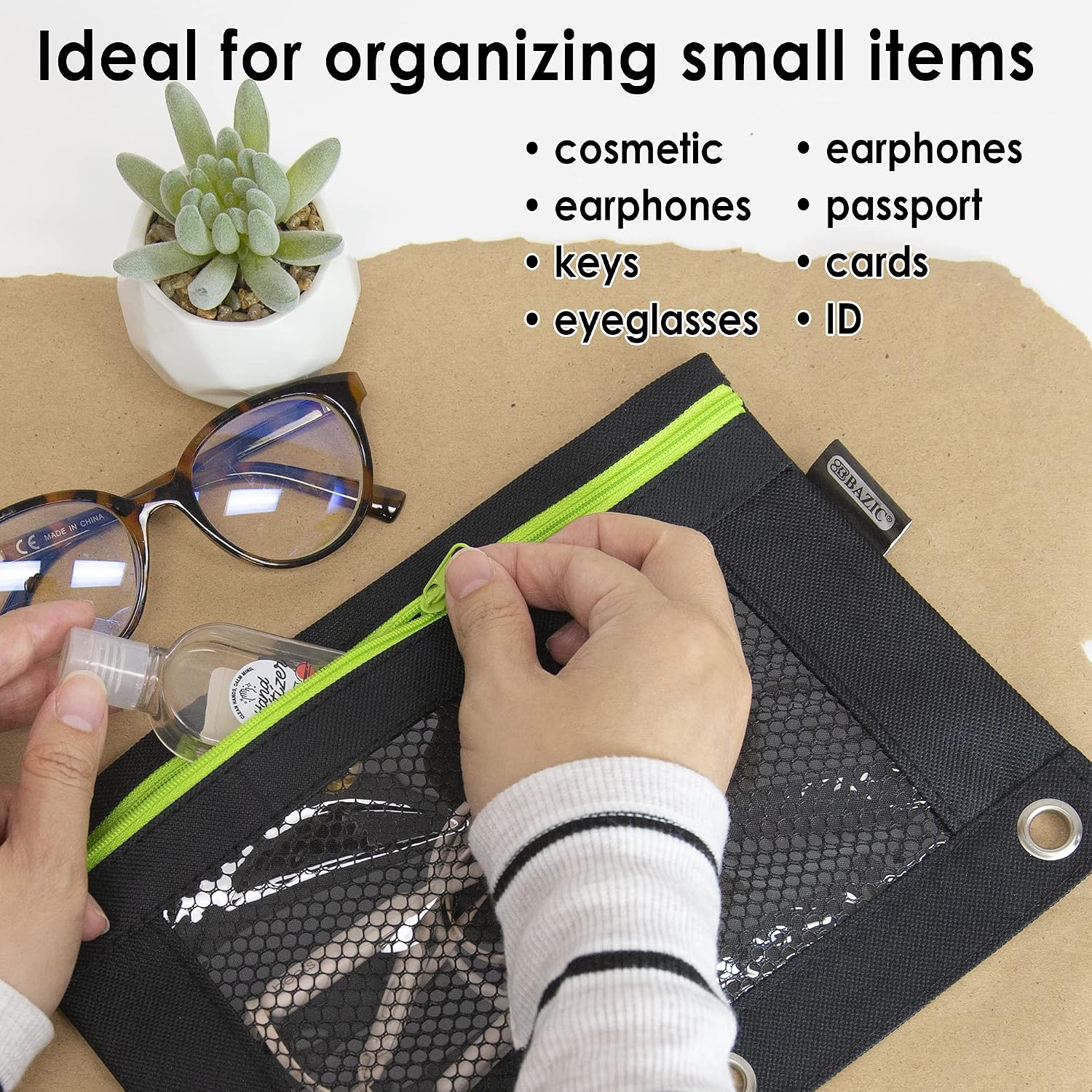 BAZIC Products Pencil Pouch 3 Ring Binder Pouch w/Rivet Enforced Rings Holes, Neon Black Color Mesh Window Zipper Pouches, 144-Pack