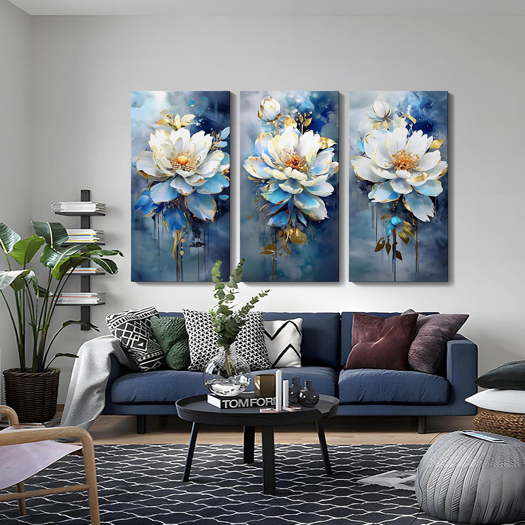 AJAZIKO Navy Blue Wall Art - Modern Abstract Flower Canvas Art - 3 Piece Set - 20x40IN - For Living Room & Bedroom