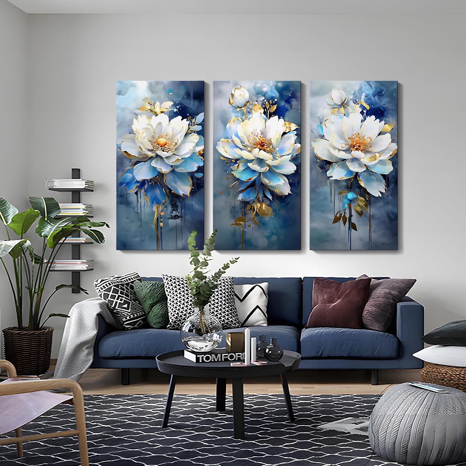 AJAZIKO Navy Blue Wall Art - Modern Abstract Flower Canvas Art - 3 Piece Set - 20x40IN - For Living Room & Bedroom