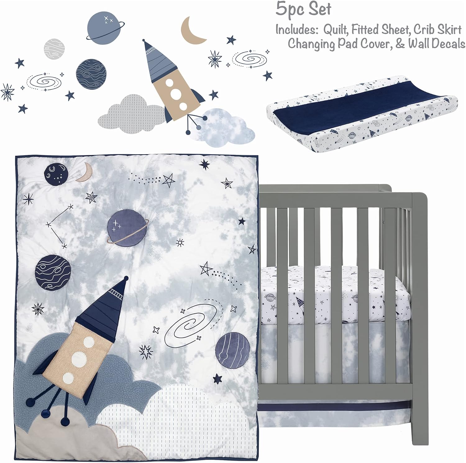 Lambs & Ivy Sky Rocket 5-Piece Blue Galaxy/Space Nursery Baby Crib Bedding Set