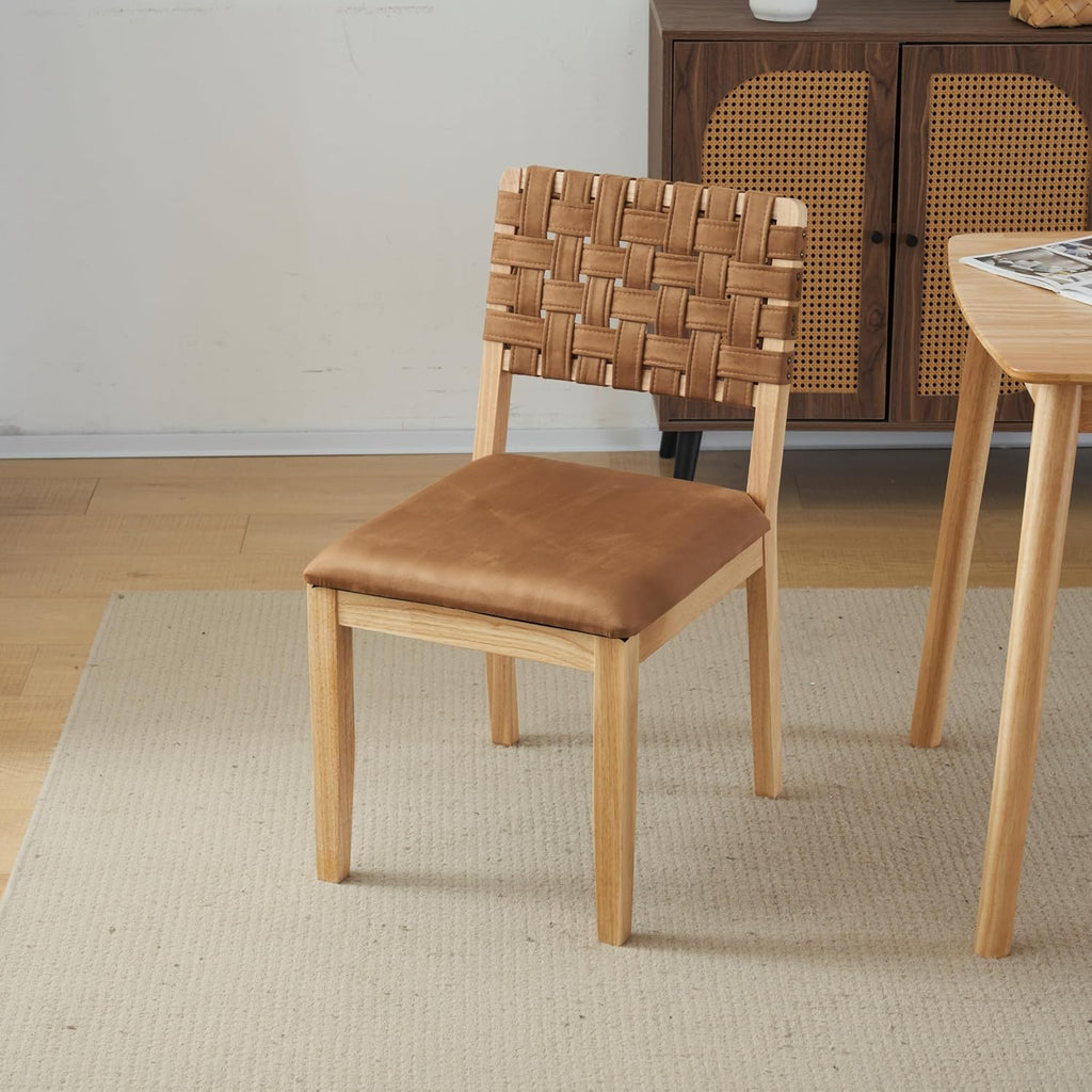 VINGLI Brown Woven Wooden Dining Chairs Set of 2,Armless Mid Century Modern Desk Chairs with Rivet&Foot Pegs,Upholstered Farmhouse Comfy Chair No Wheels for Dining Room,Living Room,Kitchen,Oak,Suede