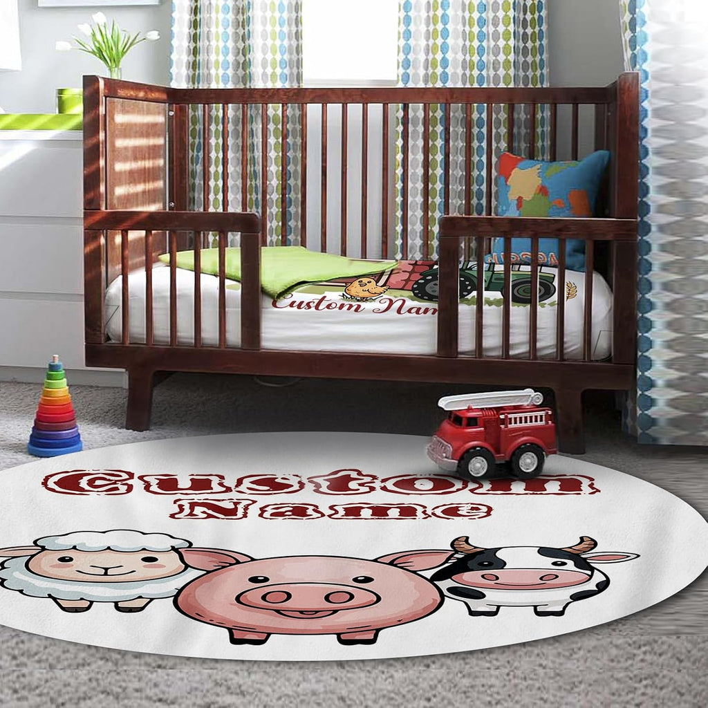 Personalized Crib Bedding Set for Baby Boys Girls, Farm Theme Custom Name Baby Crib Sets 5-Pcs, Double Layer Baby Blanket Fitted Sheet Changing Pad Cover Rug Wall Art Set