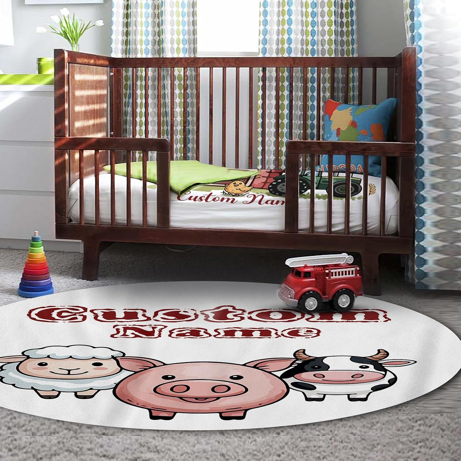 Personalized Crib Bedding Set for Baby Boys Girls, Farm Theme Custom Name Baby Crib Sets 5-Pcs, Double Layer Baby Blanket Fitted Sheet Changing Pad Cover Rug Wall Art Set