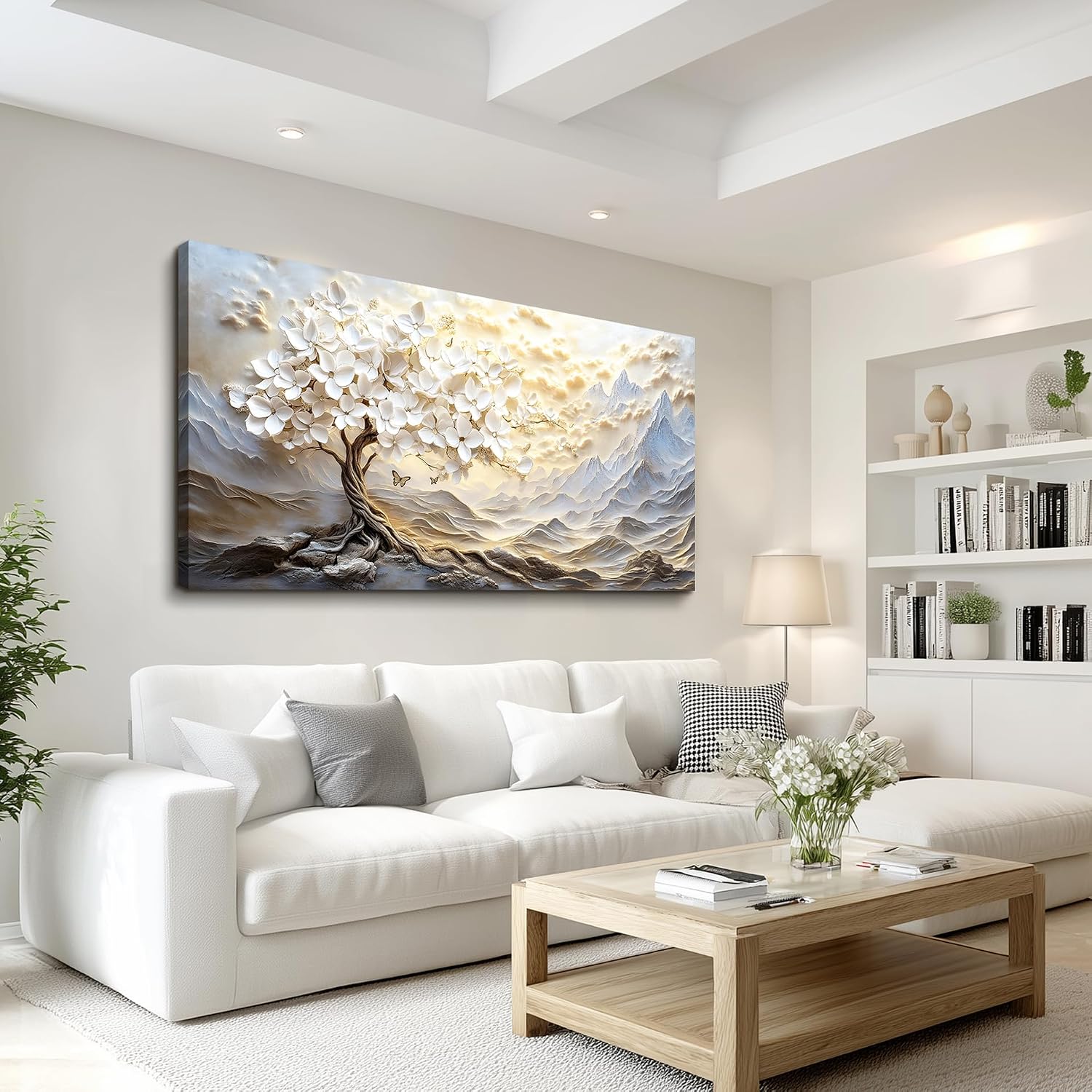 XIGUANGART Large Canvas Wall Art Mountain Landscape Farmhouse Floral Paintings Modern Abstract Artwork for Walls White Tree of Life Pictures for Living Room Bedroom Dining Room Office Home Wall Decor