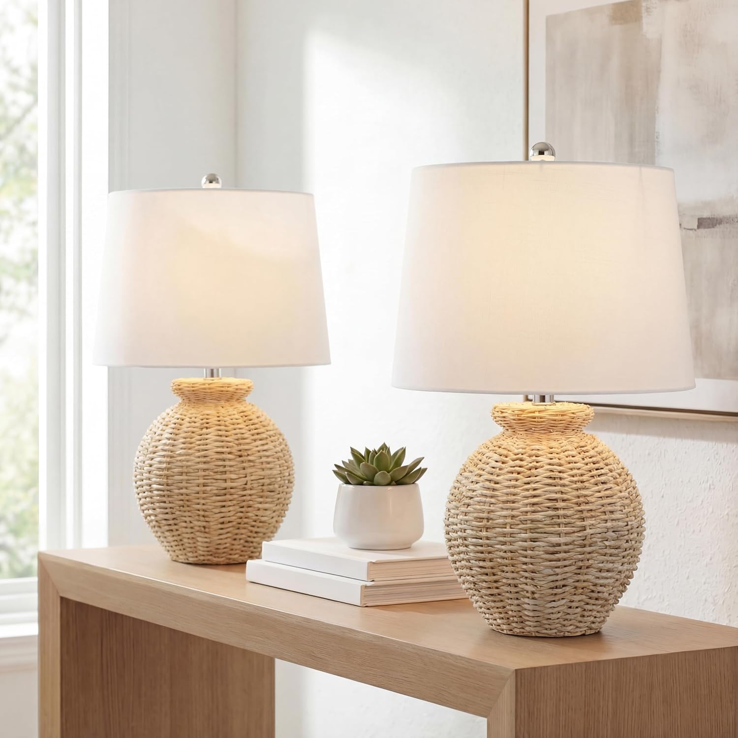 JONATHAN Y 22' Brown Rattan Rustic Coastal Table Lamp Set of 2, Woven Wicker Globe Base with White Linen Shade for Living Room Bedroom, UL Listed, LED Bulbs Included JYL4050A-SET2
