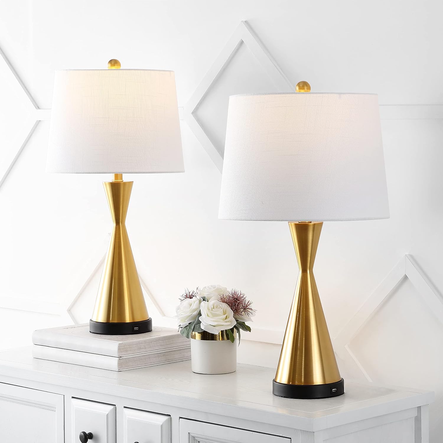 JONATHAN Y 26' Brass Gold Classic Iron LED Table Lamp with USB Port, Set of 2 for Bedroom, White Linen Shade, Farmhouse Midcentury Modern Bedside Nightstand Lamps, LED Bulbs (JYL4046B-SET2)