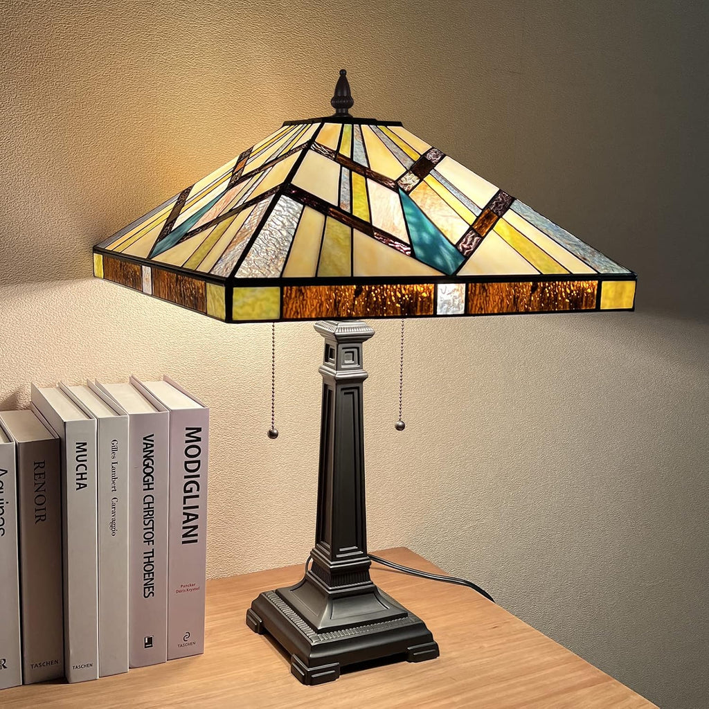 Capulina Tiffany Lamp Stained Glass Table Lamp 2-Light 16 Inches Wide Cream Amber Antique Mission Style Desk Lamp for Bedrooms Living Room Study Home Office