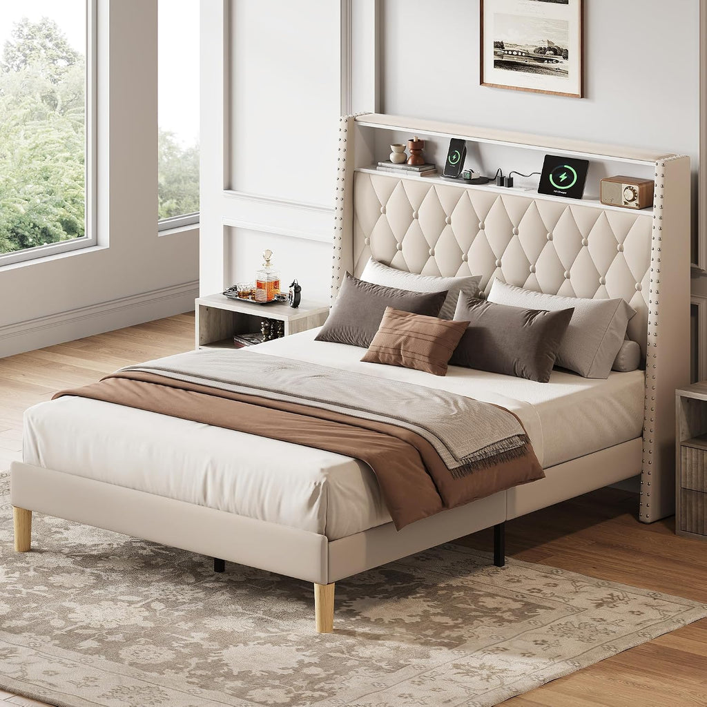 WLIVE Full Size Upholstered Bed Frame with 48'' Tall Wingback Headboard, Velvet Square Tufted Platform Beds with Charging Station, Sturdy Metal & Wooden Slats Support, Beige