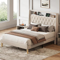WLIVE Full Size Upholstered Bed Frame with 48'' Tall Wingback Headboard, Velvet Square Tufted Platform Beds with Charging Station, Sturdy Metal & Wooden Slats Support, Beige