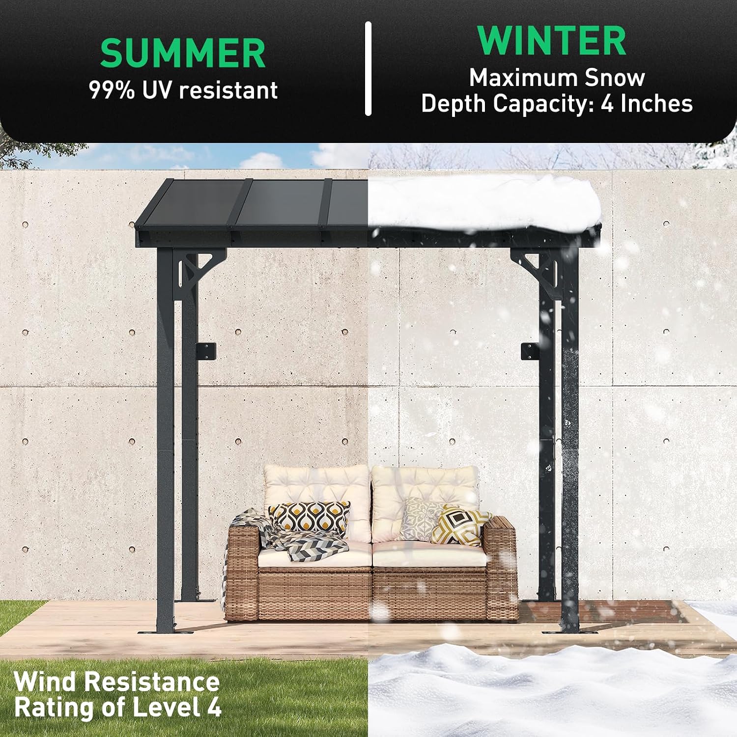 Aoxun 8' x 5' Gazebo for Patio, Gazebo Pergola with Sloped Roof and LED Waterproof Hanging Lights Large Wall-Mounted Heavy Duty Awning for Backyard, Deck, Patio
