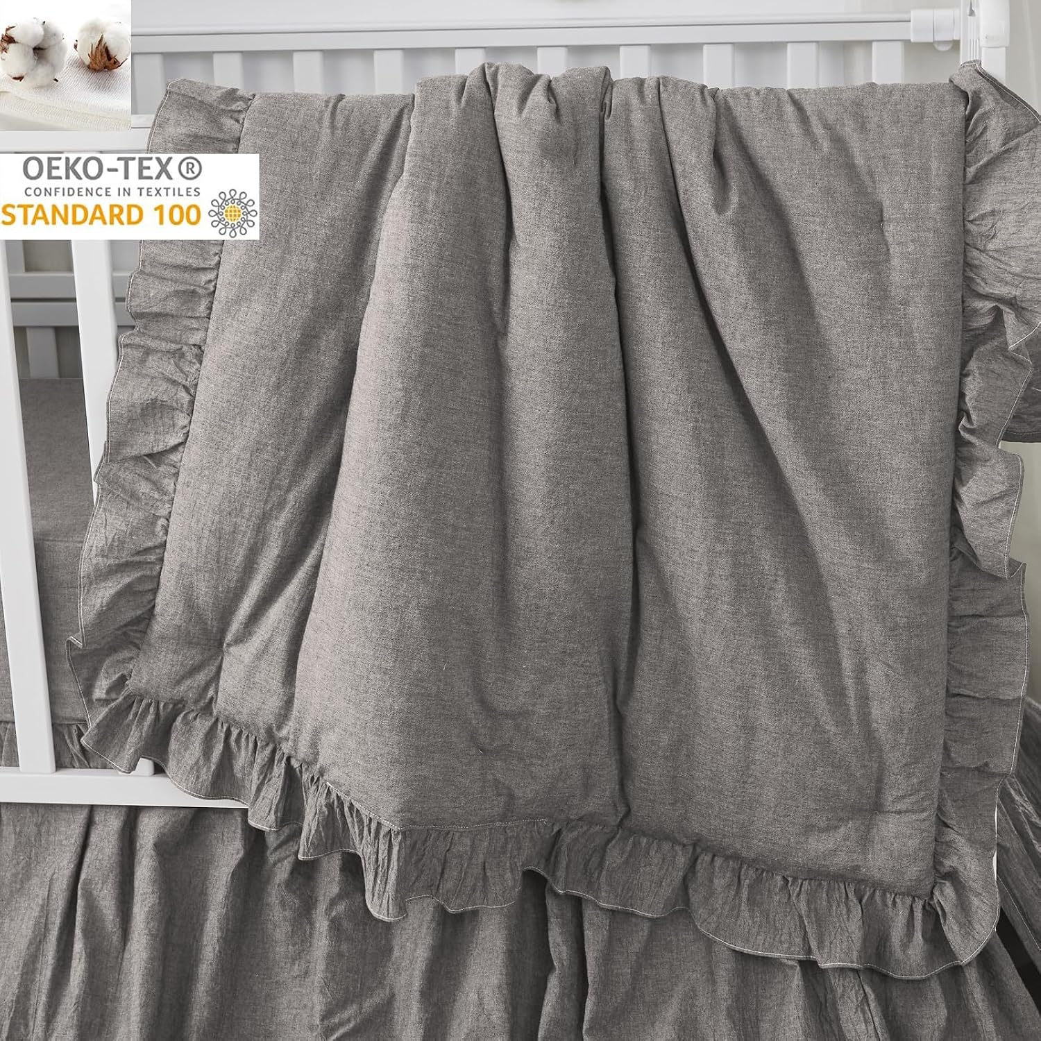 Brandream Ruffle Crib Bedding Set for Baby Boys 100% Cotton Gender Neutral Boho Bohemian Farmhouse Chic 6-Piece Nursery Bedding Set Grey
