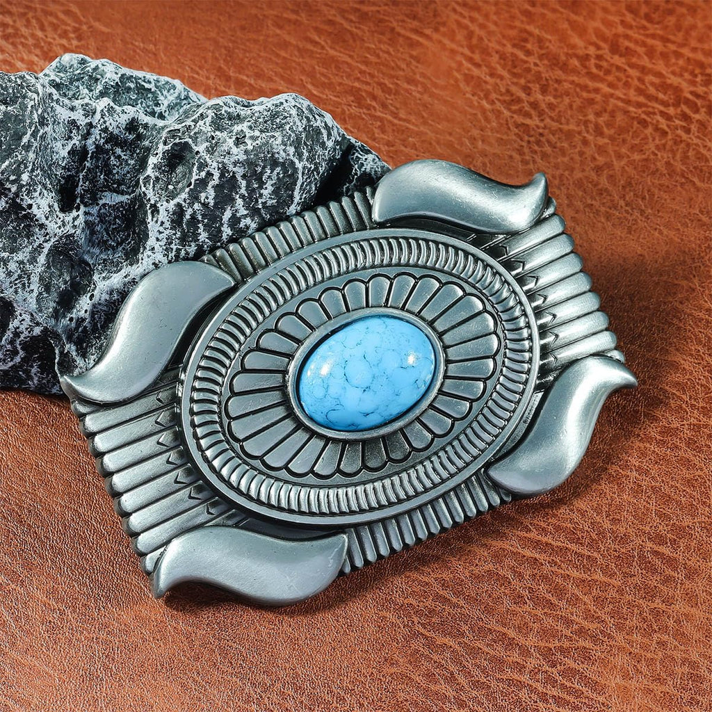 Men's Western Belt Buckle - Vintage Turquoise with Native American & Cowboy Elements