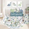 KAINSY Custom Baby Crib Bedding Set, 5 Pcs Personalized Name Green Dino Baby Crib Set for Kid Infant Toddler, Double Layer Customized Present