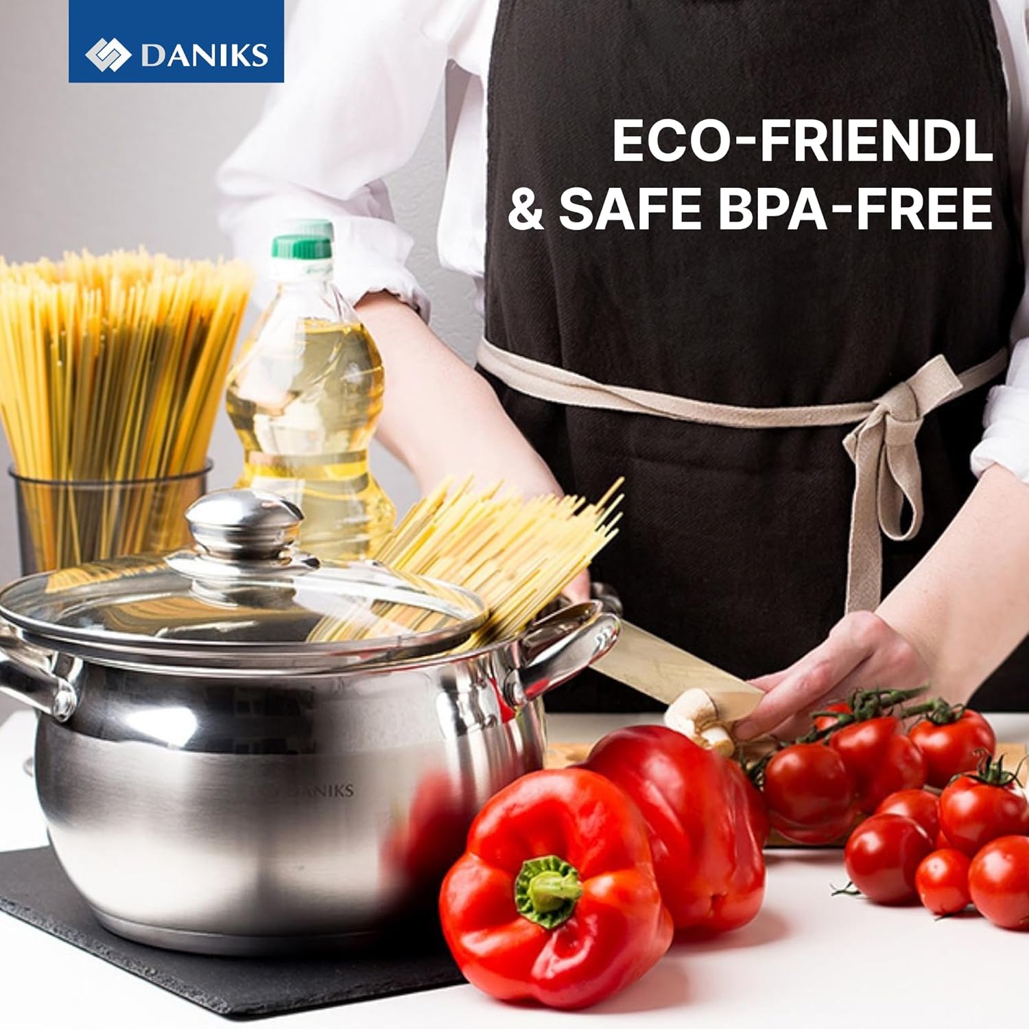 Daniks Classic 12-Piece Stainless Steel Cookware Set with Glass Lids, Includes Saucepan and Frying Pan with Lid, Tri-Ply Bases for Even Heating, Induction Compatible, Dishwasher Safe