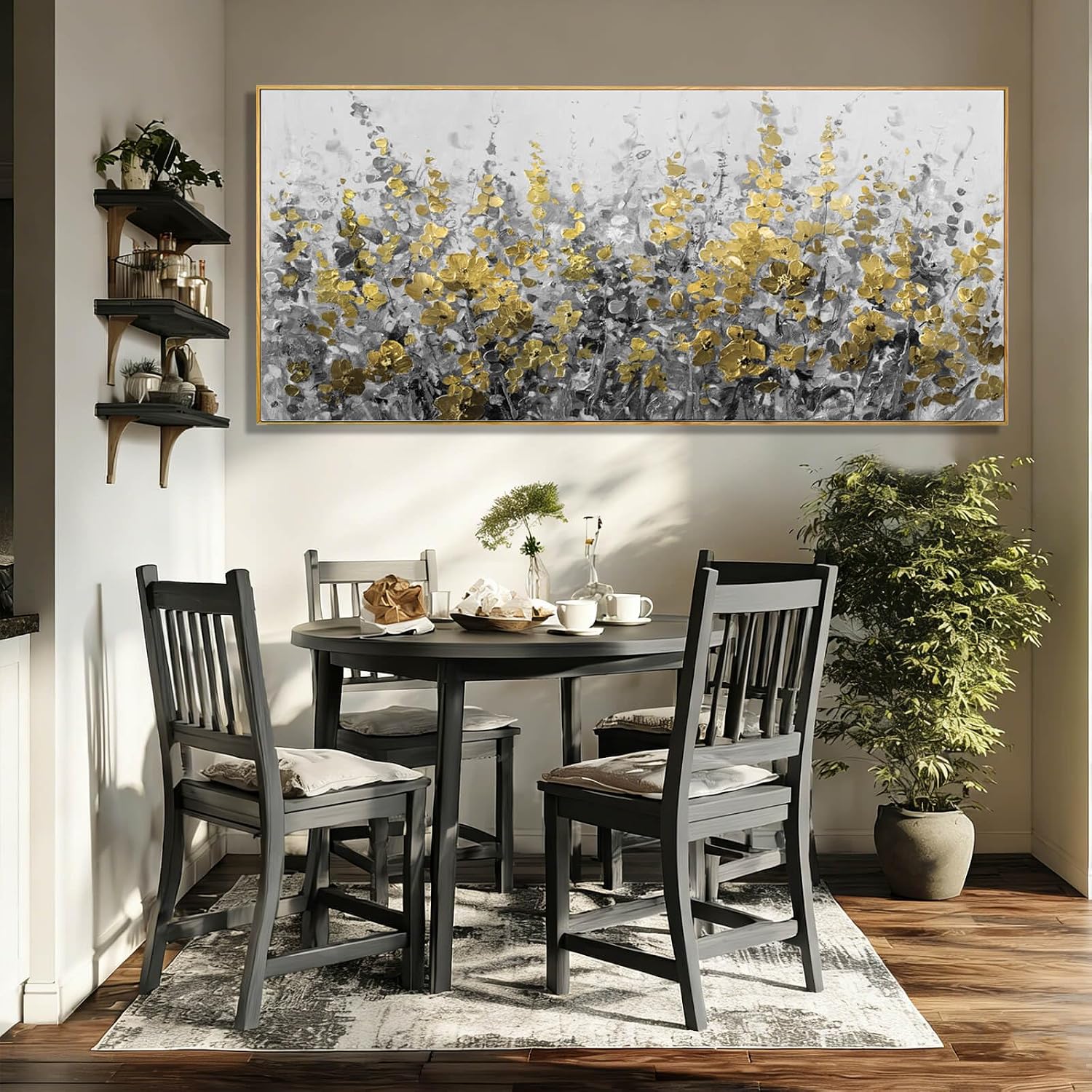 WINKAILIN Black Gold Wall Art Abstract Oil Flower Canvas Grey Painting Modern 32x70 Plant Artwork with Frame for Living Room Office Decoration
