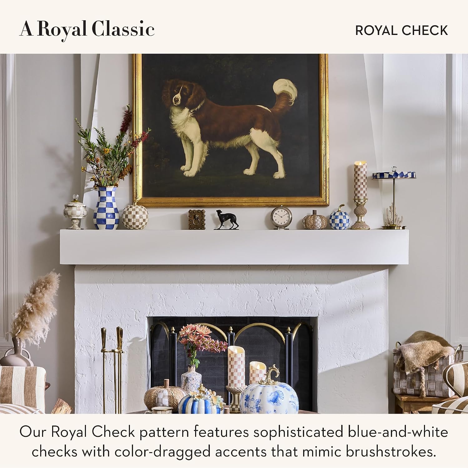 MACKENZIE-CHILDS LED Rechargeable Disk Table Lamp, Cordless Touch Lamp, Blue-and-White Royal Check