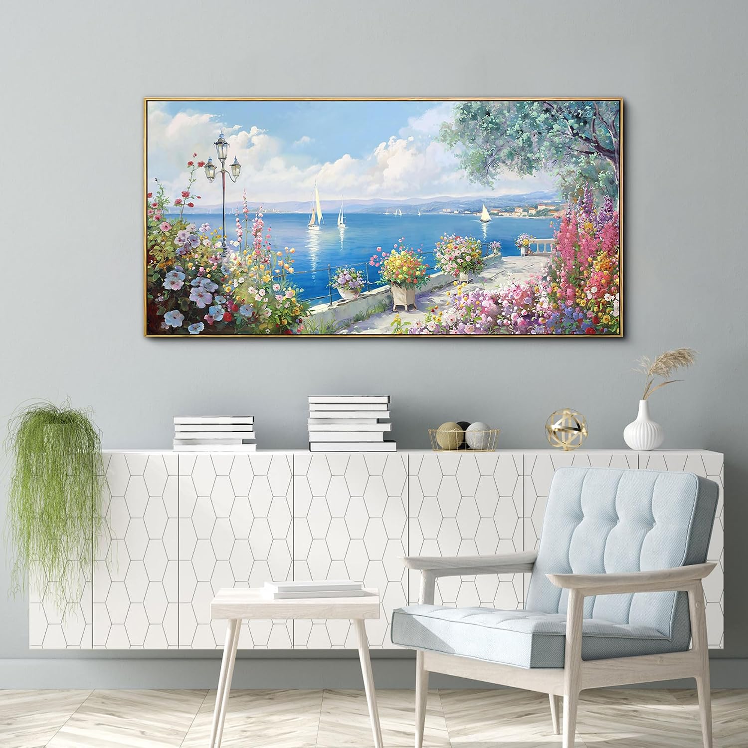 XLSJERST Large Coastal Wall Art - Ocean Seascape Canvas Yellow Green Flowers Painting Landscape Sailboat Picture Artwork Modern Large Framed for Living Room Bedroom Home Office Decor 24x48