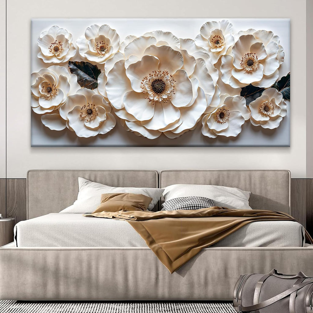Large Wall Art For Living Room Floral White Wall Art Modern Canvas Art Wall Decor 29' X 58' Painting White Flower Wall Art Print Picture For Bedroom Home Office Decoration