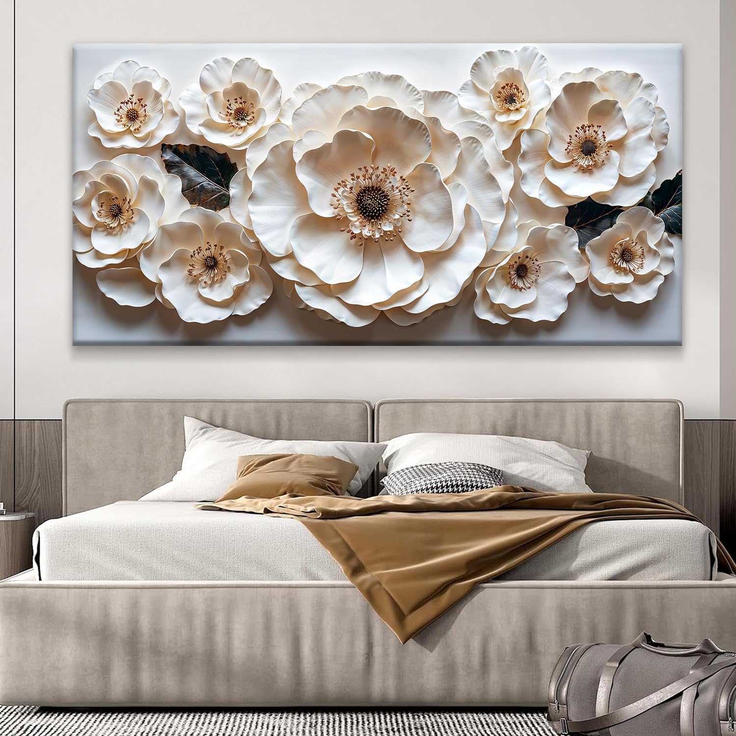 Large Wall Art For Living Room Floral White Wall Art Modern Canvas Art Wall Decor 29' X 58' Painting White Flower Wall Art Print Picture For Bedroom Home Office Decoration