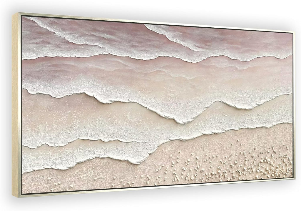 Beach Wave Textured Wall Art - Hand Painted Abstract Wall Painting for Living Room Framed Artwork 60x30 Horizontal Canvas Extra Large Plaster Wall Decor