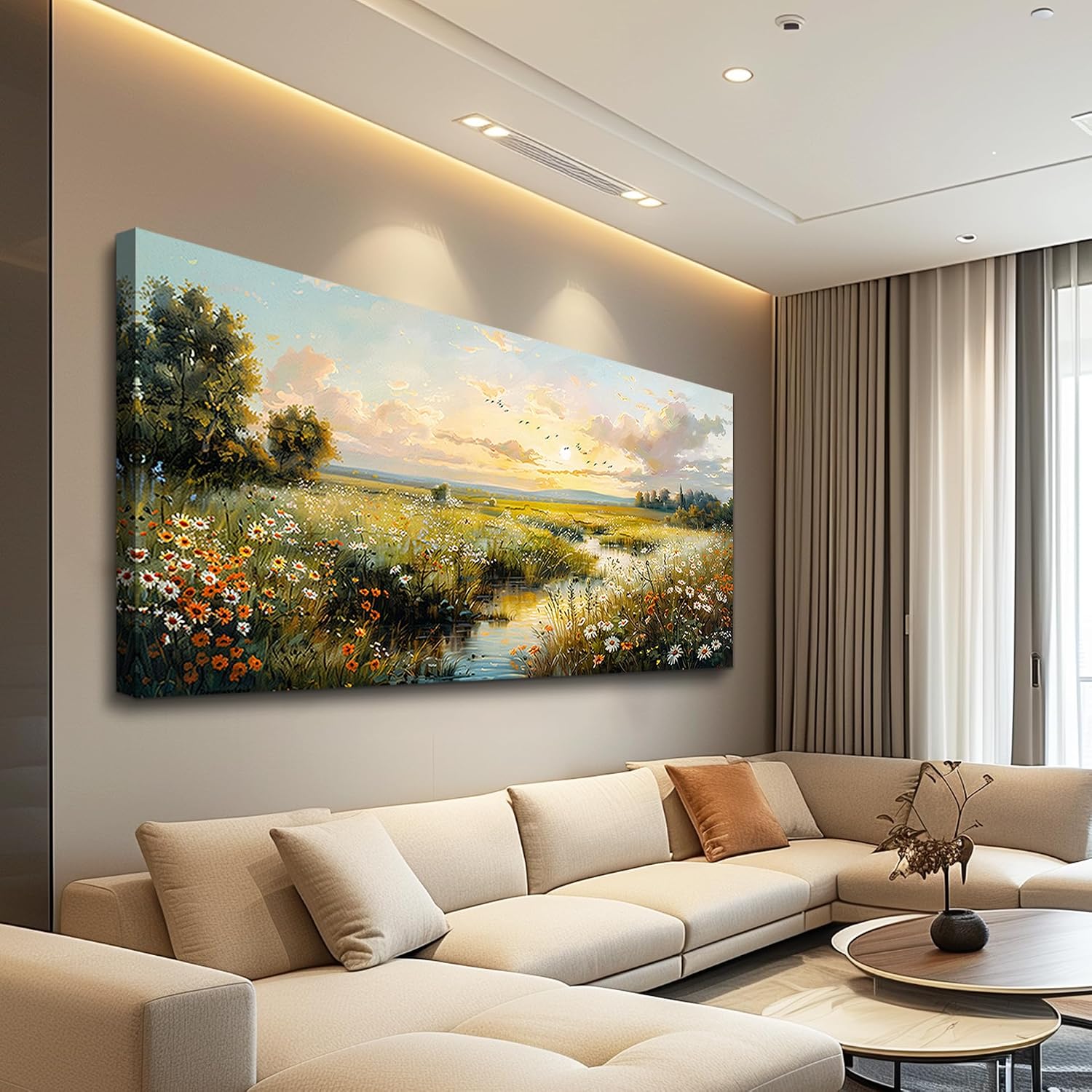 XIGUANGART Rustic Landscape Wall Art Canvas Prints Nature River Meadow flowers Wall Decor Sunset Pastoral Abstract Pictures Modern Artwork for Living Room Bedroom Kitchen Office Large Home Decorations