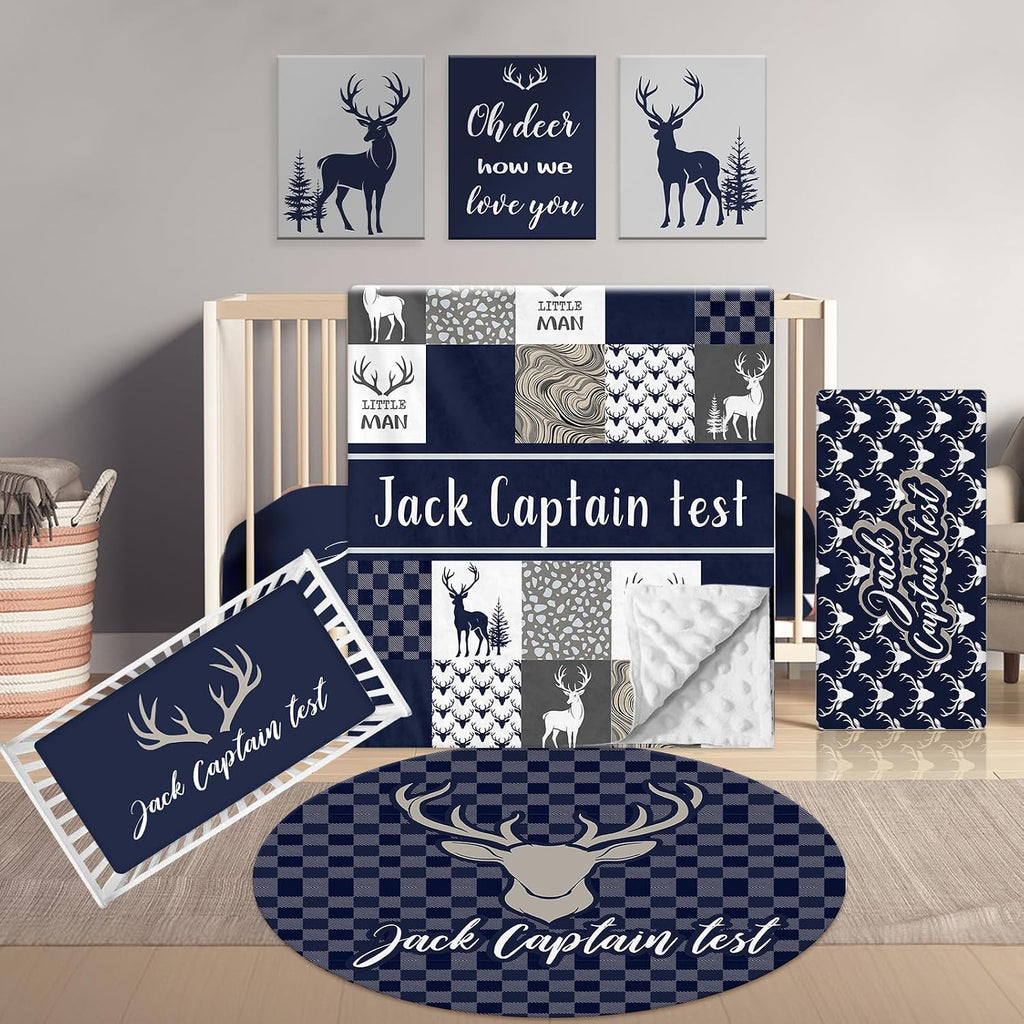 Terwex Personalized Baby Bedding, 5 Pcs Custom Name Bedding Sets for Girls & Boys - Nursery Beds, Soft Toddler Sets for Infant Customized Gifts, Blue Woodland Deer