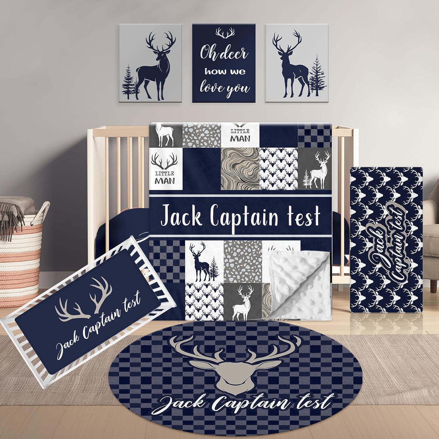 Terwex Personalized Baby Bedding, 5 Pcs Custom Name Bedding Sets for Girls & Boys - Nursery Beds, Soft Toddler Sets for Infant Customized Gifts, Blue Woodland Deer