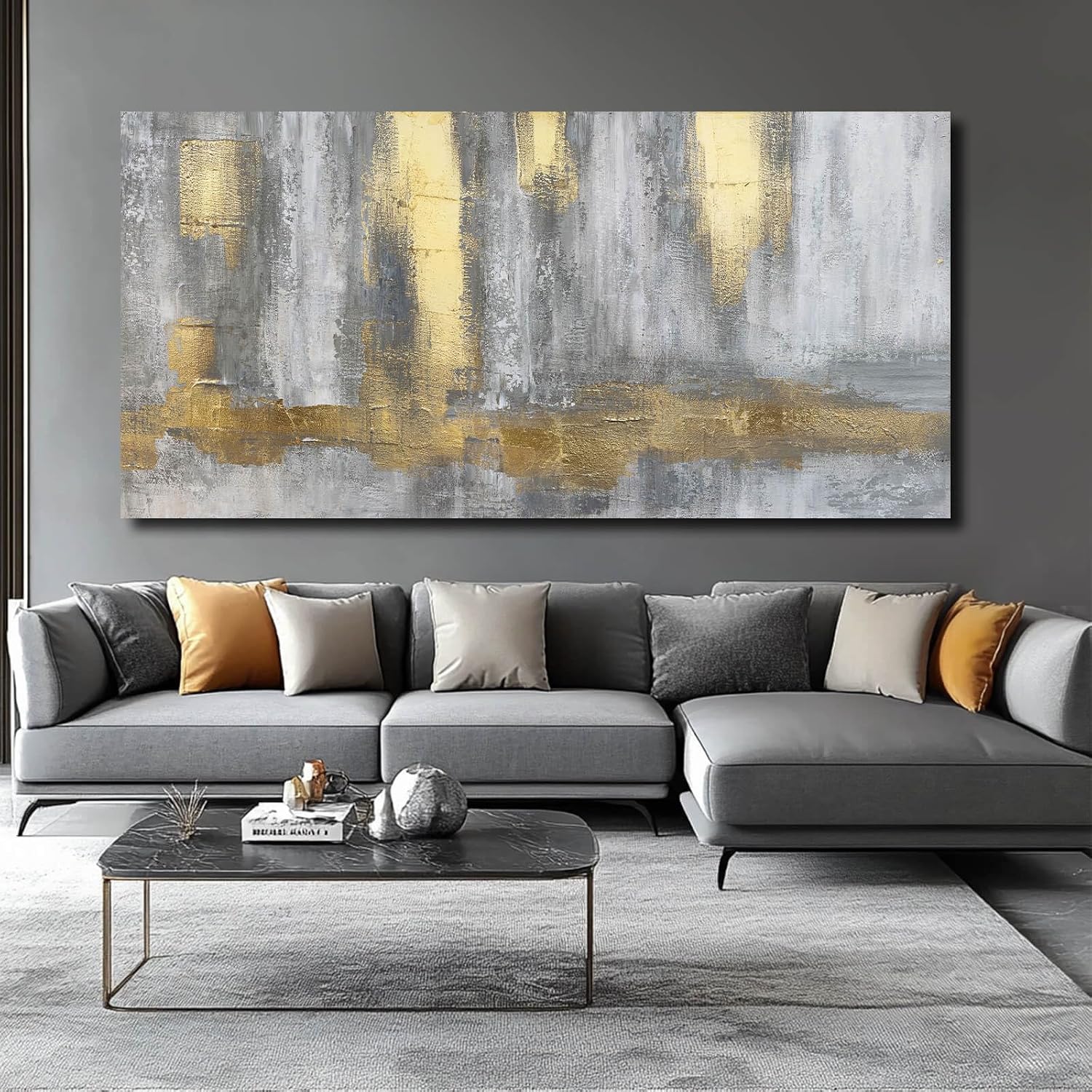XIANSHOU Gold Wall Decor Hand Drawn Paintings Abstract Canvas Wall Art Large Pictures Grey Poster Arts 29'x58'