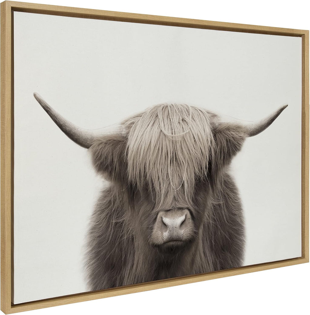 Kate and Laurel Sylvie Hey Dude Highland Cow Color Framed Linen Textured Canvas Wall Art by The Creative Bunch Studio, 28x38 Natural, Decorative Cow Art for Wall