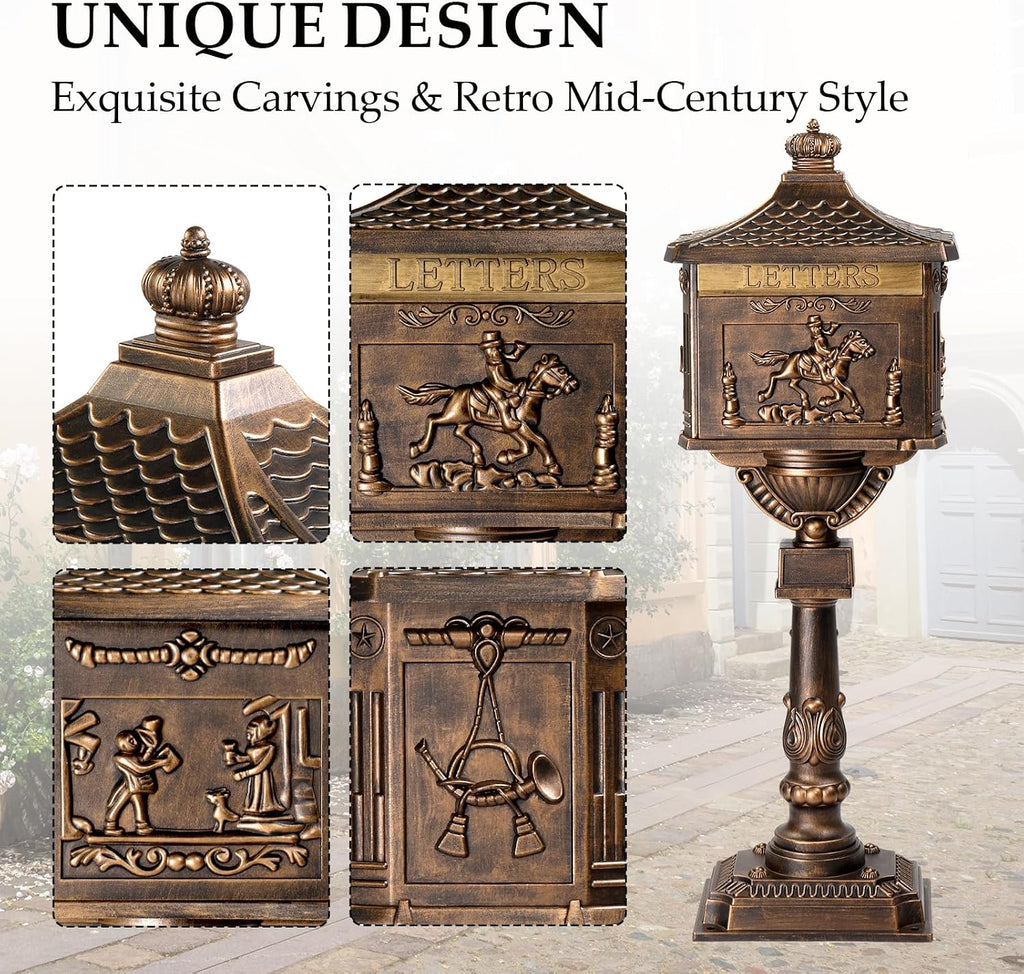 Cast Aluminum Mailbox with Post, Heavy Duty Postal Box with 2 Keys, Baffle Door, Expansion Bolts, Address Panel, In-Ground Large Security Mailbox for Outside, Antique Bronze