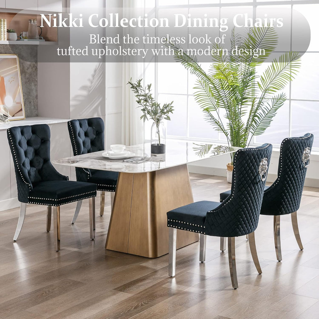 civama Dining Chairs Set of 2, Elegant Luxury Velvet Tufted Dining Chairs Silver Legs & Nailhead Trim, Back Lion Head Pull Ring & Rhomboid Pattern, Nikki Collection Armless Kitchen Chair, Black