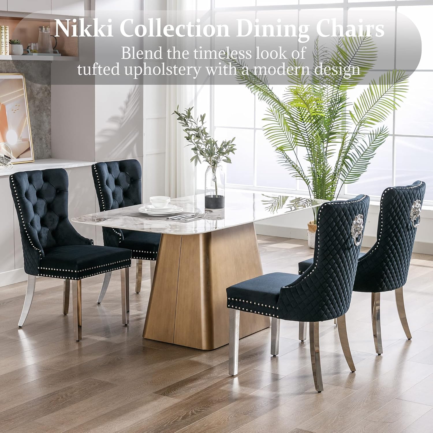 civama Dining Chairs Set of 2, Elegant Luxury Velvet Tufted Dining Chairs Silver Legs & Nailhead Trim, Back Lion Head Pull Ring & Rhomboid Pattern, Nikki Collection Armless Kitchen Chair, Black