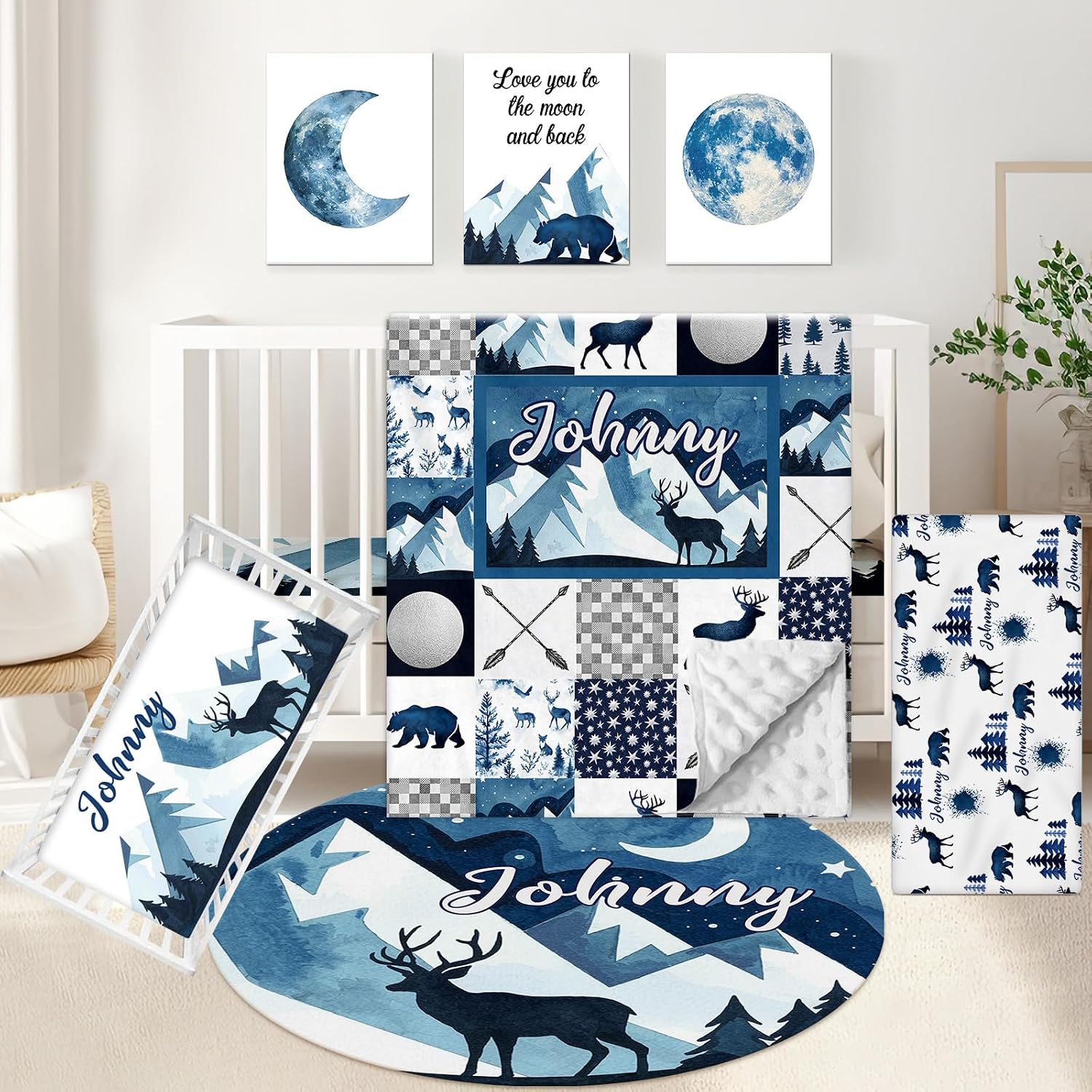 KAINSY Custom 5-Piece Baby Crib Bedding Set, Personalized Name for Toddlers, Blue Deer Nursery Set for Boy Girl, Double Layer Infant Crib Set, Customized Gifts